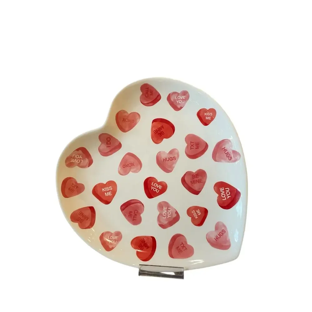 4 Maxcera Conversation Heart Valentine Dinner Plates 10in Ceramic Red & White